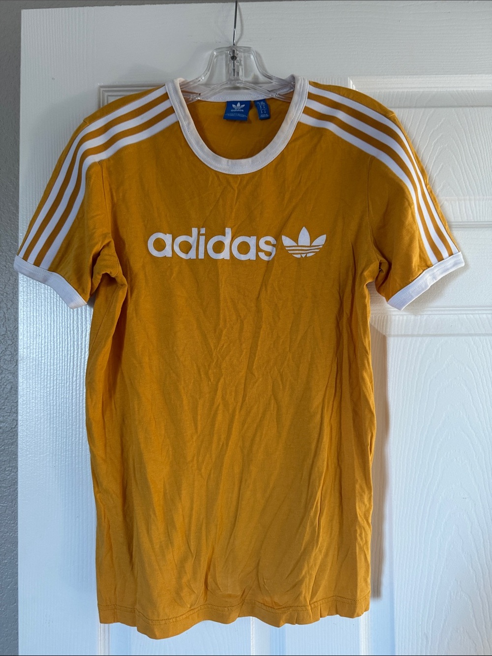 adidas Men's Mustard Yellow Trefoil Ringer Tee with White Stripes